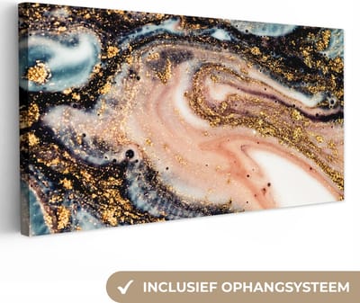 Canvas schilderij 40x20 cm - Wanddecoratie Marmerlook - Goud - Zwart - Glitter - Chic - Muurdecoratie woonkamer - Slaapkamer decoratie - Kamer accessoires - Schilderijen op canvas