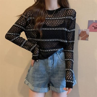 Pull ajouré à manches longues pour femmes, printemps, fin, transparent, t-shirt noir, blouse de protection solaire, haut court one size noir