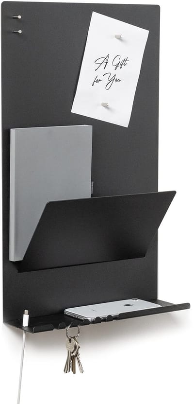 byde Wandorganizer Heke gemaakt van metaal 30 x 9 x 49 cm 3-in-1 wandplank met magneetbord en magneten. Sleutel- en Notitieorganizer Montage met Montagesjabloon. Kleur Zwart