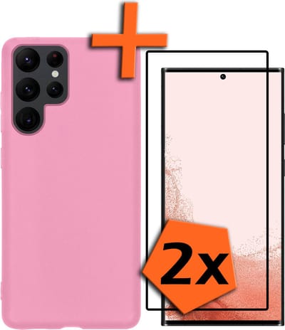 Hoes - Met 2x Screenprotector - Geschikt voor Samsung Galaxy S22 Ultra - Sterk & Shockproof - Back Cover - Siliconen Case - Telefoon Hoes - Lichtroze
