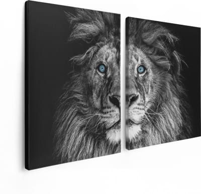 Artaza Canvas Schilderij Tweeluik Leeuw Met Blauwe Ogen - Zwart Wit - 120x80 - Foto Op Canvas - Canvas Print