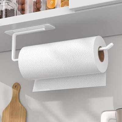 Famanu - Keukenrolhouder zonder boren, keukenrolhouder, wit, zelfklevend, praktische rolhouder voor onder de kast, voor het opbergen en organiseren, keukenrolhouder aan de muur