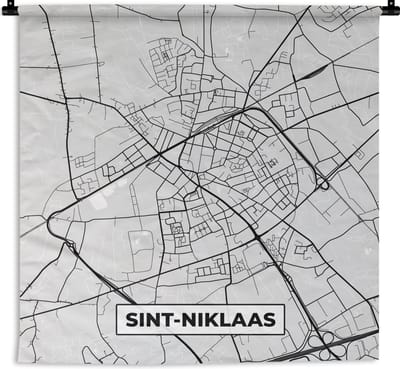 Wandkleed - Wanddoek - België – Sint Niklaas – Stadskaart – Kaart – Zwart Wit – Plattegrond - 180x180 cm - Wandtapijt