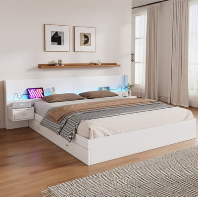 MEUNIQ tweepersoons bed 180x200 cm met lattenbodem, 2 nachtkastjes, 2 opberglades, LED-verlichting met app-bediening, USB en stopcontact, slaapkamer, wit
