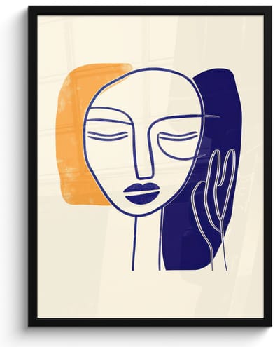 Poster in lijst - Fotolijst 60x80 cm - Posters - Minimalistisch - Gezicht - Hand - Oranje - Blauw - Posterlijst zwart - Decoratie - Wanddecoratie woonkamer - Muurdecoratie slaapkamer