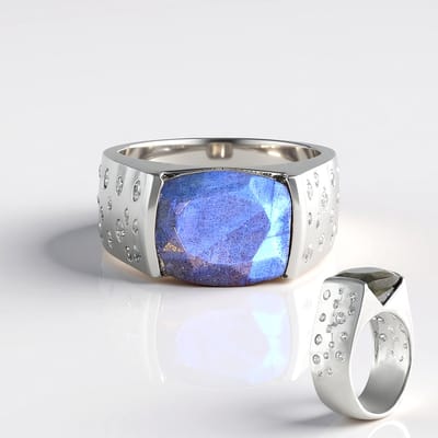 Cavill - Zilveren ring - 925 Sterling zilver geplatineerd - Labradoriet 3,9 ct antiek slijpsel - Elegante damesring met Cambodjaanse zirkonia’s