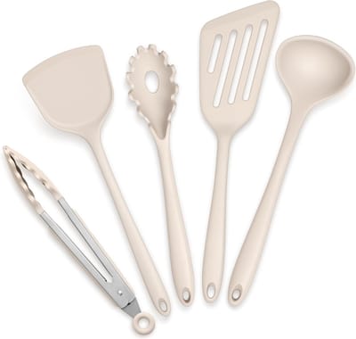 Complete Keukenhulpen Set van 5 Stuks in Khaki - Hittebestendige Siliconen Keukengerei voor Koken en Bakken, Antiaanbaklaag, Vaatwasserbestendig