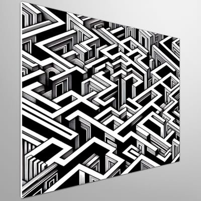 Abstract escher schilderij | Abstracte Escheriaanse compositie met illusoire diepte en geometrische patronen | Kunst - 60x60 centimeter op Forex | Foto op Forex