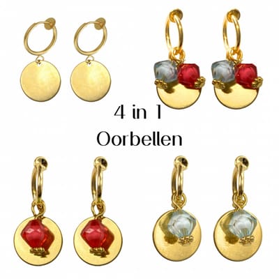 4 in 1 klem oorbellen- goudkleurig- rood/blauw-geen gaatje-Charme Bijoux