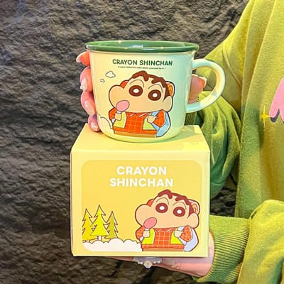 Leuke Keramische Mok Kinderen met Schaal Crayon Shin Shin Waterbeker Stel Koffie Ontbijt Kop Verjaardagscadeau 301-400ml beige