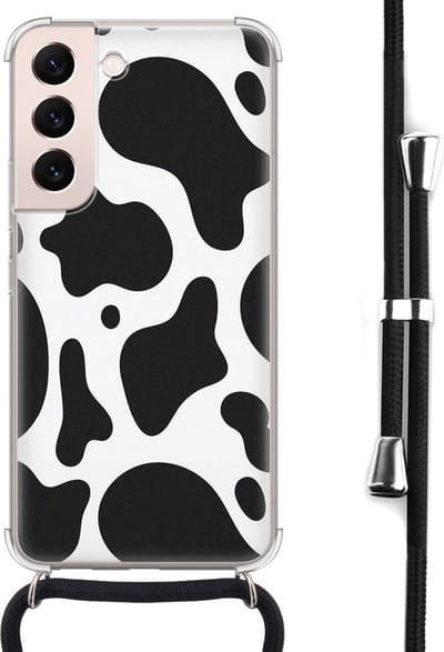 Hoesje met koord - Geschikt voor Samsung Galaxy S22 - Koeienprint - Verstelbaar zwart koord - Crossbody - Print / Illustratie - Zwart, Transparant, Wit - Leuke Telefoonhoesjes