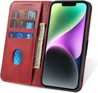 Smartphonica iPhone 14 kunstleren hoesje met magnetische sluiting en pashouders book case - Rood geschikt voor iPhone 14