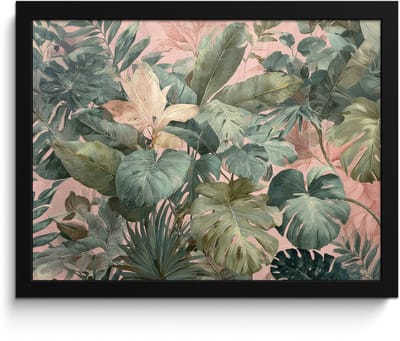 Poster in lijst - Fotolijst 40x30 cm - Posters - Compositie van bladeren - Groen - Roze - Posterlijst zwart - Decoratie - Wanddecoratie woonkamer - Muurdecoratie slaapkamer
