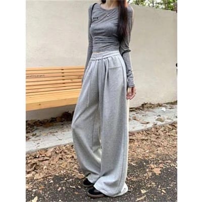 Premium Lazy Wind Casual Broek Dames Elastische Taille Joggingbroek Hoge Taille Wijde Pijpen M beige