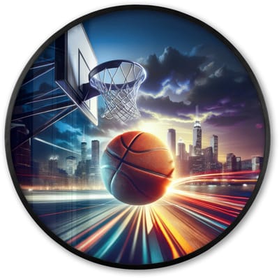 Poster in lijst Rond - Fotolijst 60x60 cm - Posters - Basketbal - Sport - Basket - Stad - Ronde posterlijst zwart - Decoratie - Wanddecoratie woonkamer - Muurdecoratie slaapkamer