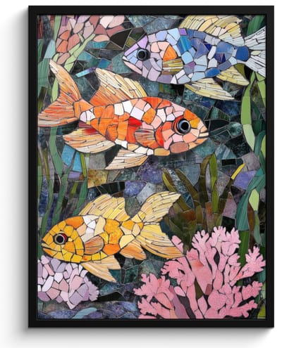 Poster in lijst - Fotolijst 50x70 cm - Posters - Vissen - Koraal - Zee - Mozaïek - Posterlijst zwart - Decoratie - Wanddecoratie woonkamer - Muurdecoratie slaapkamer