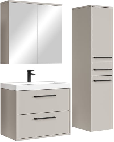 Badplaats Badkamermeubel Set Florence 60 cm – Beige – Hangend Badmeubel met Wastafel, Spiegelkast en Zijkast