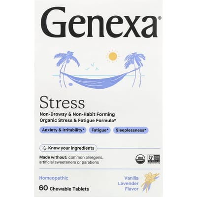 Genexa, Stress, Biologische Formule tegen Stress en Vermoeidheid, Biologische Vanille/Lavendel, 60 Kauwtabletten