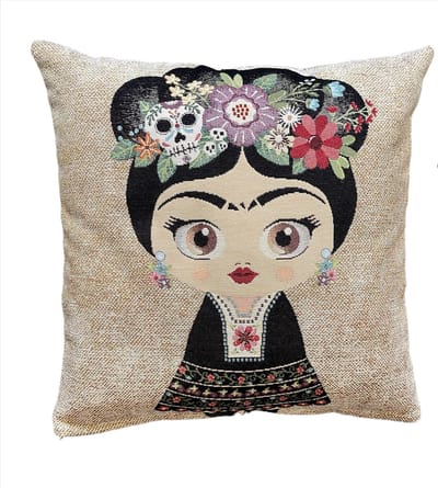 Kussenhoes - Luxe Gobelinstof - Frida Kahlo -donker creme - bloemen en doodshoofd in haarband - 45 x 45 cm