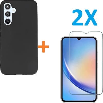 Silicone hoesje zwart met 2 Pack Tempered glas Screen Protector Geschikt voor: Samsung Galaxy A34