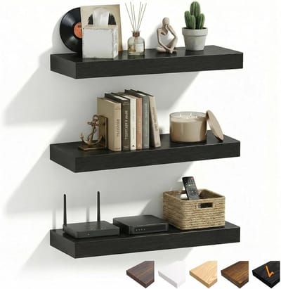 Zwevende Wandplanken Set van 3 - Zwarte MDF Planken met Onzichtbare Beugels voor Badkamer, Slaapkamer en Woonkamer, 40 x 23.5 x 3.8 cm