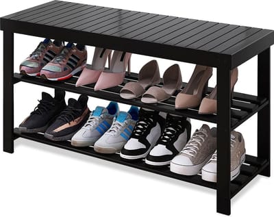 Schoenenrek Bank 3-Tier Bamboe Schoen Organizer Opbergplank - Hal Badkamer Woonkamer - Zwart