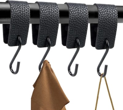 Zwarte S-haak met leren lus, 4 stuks, kledinghaken, metalen haken voor kledingrail en kast
