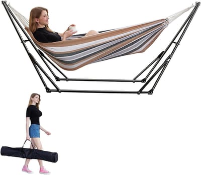 Dubbele Hangmat - Met Standaard - Ontspannen Buiten - Verstelbare Stofspanning - 272 kg Capaciteit - Geel
