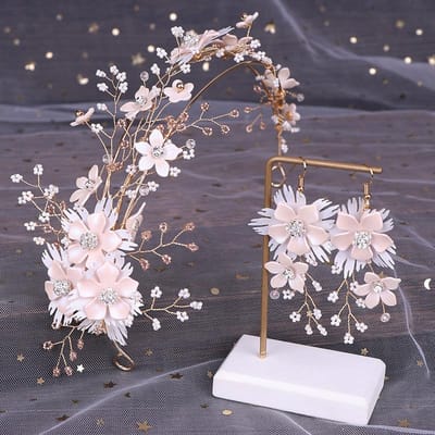 Bloemen Oorbel Set met Kralen Hoofdband Bruids Haarband en Hangende Bloemblaadjes Strass Parel Hoofdbanden Prinses Bruids Kronen Sieraden gray