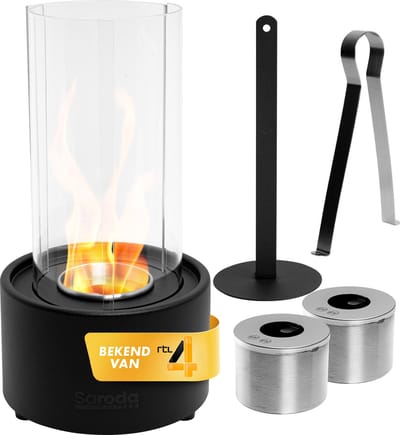 Saroda Tafelhaard - Tornadovlam - Zwart met Accessoires - Sfeerhaard - Binnen & Buiten - Bio-Ethanol - Bijverwarming