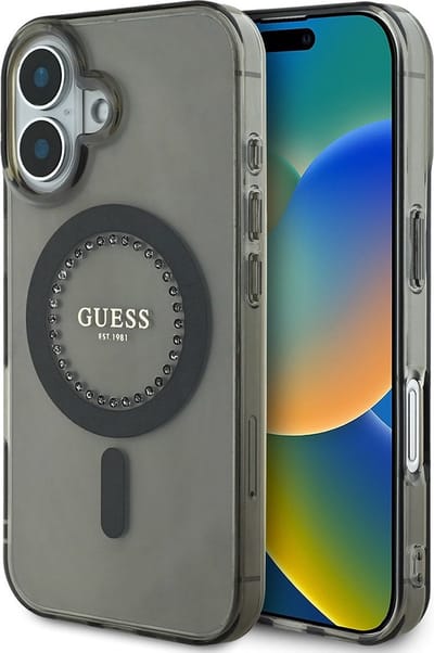 Hoesje geschikt voor Apple iPhone 16 Plus - Guess IML Rhinestones Back Cover - Geschikt voor MagSafe - Zwart