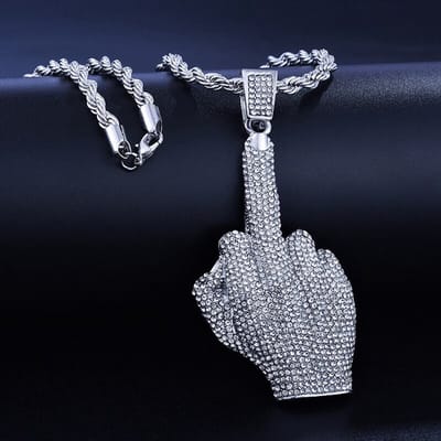 Middelvinger Ketting met Hanger Zilver Kleurig met Diamantjes (Zirkonia) - Kettingen Heren Dames - Papa Cadeau Voor Mannen - Vaderdag