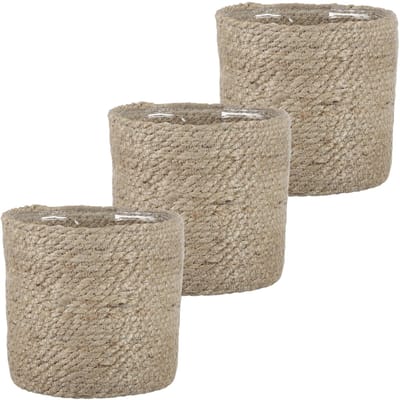 Mica Decorations Plantenpot - 3x stuks - rotan - bruin - plantenmand - H16 en D16 cm - naturel mand van gedraaid jute/riet - plastic binnenkant