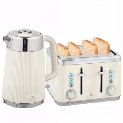 Daity 2200W, 1,7L waterkoker met snelkookfunctie, kalkfilter en 4-sneden broodrooster met 7 bruiningsniveaus, crèmewit