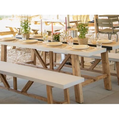 AXI Aaron Tuinset met 2 banken van acaciahout en cement in Kalksteen look – Picknicktafel van hout met 2 losse banken – 2-in-1 tafelblad met metalen gleuf – 240 x 40 x 45 cm
