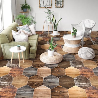 Antislip vloerstickers met beschermlaag - Vintage parkettegels - 40x90cm - 10 zeshoekige stickers 20x18cm