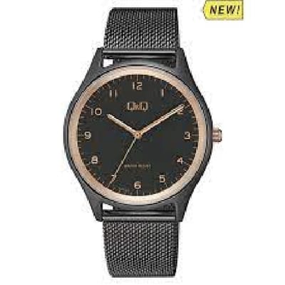 Q&Q Q00A-005PY - Horloge - Analoog - Mannen- Heren - Mesh/Milanese band - Rond - Metaal - Cijfers - Zwart - Rosékleurig