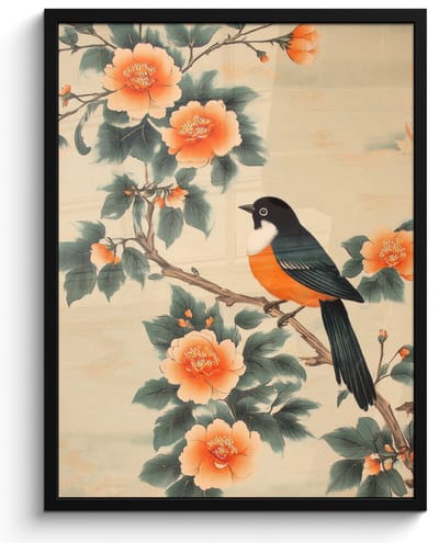 Poster in lijst - Fotolijst 50x70 cm - Posters - Vogel - Tak - Bloemen - Oranje - Posterlijst zwart - Decoratie - Wanddecoratie woonkamer - Muurdecoratie slaapkamer