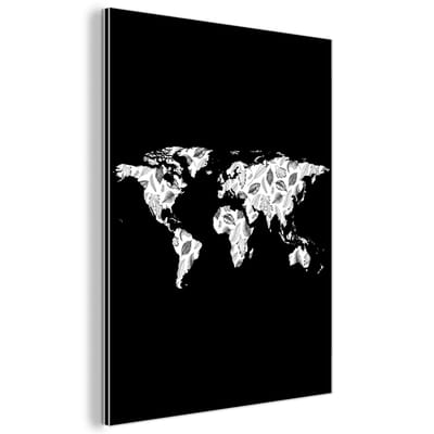 Aluminium schilderij 90x120 cm - Wanddecoratie metaal - Wereldkaart - Planten - Zwart - Metalen muurdecoratie woonkamer - Decoratie industrieel - Foto op dibond - Industriële accessoires slaapkamer