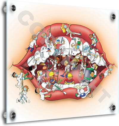 Tandarts Cartoon op plexiglas - Uniek ontwerp - Roland Hols - Mond - 40 x 40 cm - 5 mm dik - inclusief 4 afstandhouders chroom (zilverkleurig) - Decoratie - Orthodontist - Mondhygiënist