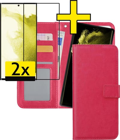 Hoesje - 2 in 1 - Geschikt voor Samsung Galaxy S22 Ultra - Met 2x Screenprotector - En Uitneembare Hard Cover - Bookcase - Wallet Case - Met Pasjeshouder - Book Case - Uitneembaar - Pashouder - Kunstleer - Telefoonhoesjes - Donkerroze