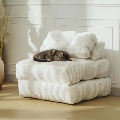 3-in-1 Opvouwbare Slaapbank & Fauteuil - Logeerbed met Kussen en Zijvak - Corduroy (Ribstof) - Wasbare Hoes - Beige