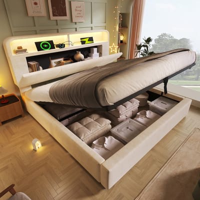 MEUNIQ tweepersoons bed 160x200 cm met verstelbaar opberg-hoofdbord, hydraulische opbergruimte, LED-verlichting, USB en Type-C, lattenbodem, beige stof