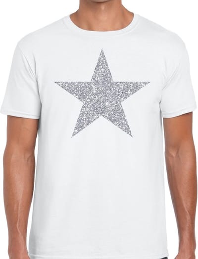 De Ster van de show - verkleed t-shirt - wit - met zilveren ster in glitters - heren - glamour - Disco S