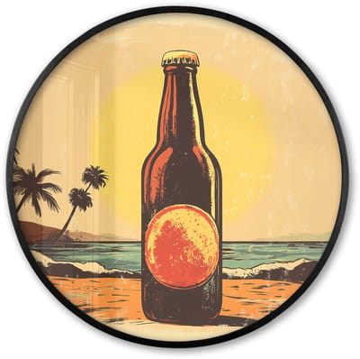 Poster in lijst Rond - Fotolijst 60x60 cm - Posters - Bierfles - Zonsondergang - Palmbomen - Zee - Ronde posterlijst zwart - Decoratie - Wanddecoratie woonkamer - Muurdecoratie slaapkamer