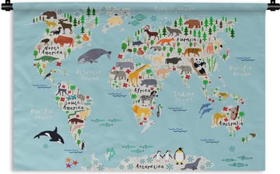 Wandkleed Eigen Wereldkaarten - Wereldkaart ons dierenrijk Wandkleed katoen 180x120 cm - Wandtapijt met foto