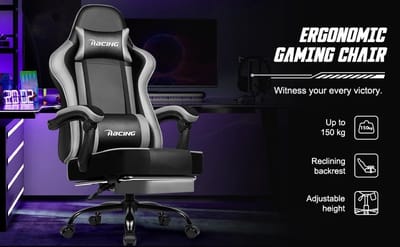 Portreen Gamingstoel - Ergonomische Gamestoel met Voetsteun, Hoofdsteun en Lendensteun, Draagvermogen 150 kg, PC-Stoel voor Gamers en Thuiswerken, Grijs