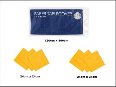 1x Tafelkleed papier blauw 120cm x 180cm + 40x Cocktail servetten geel 24cm x 24cm 3 laags