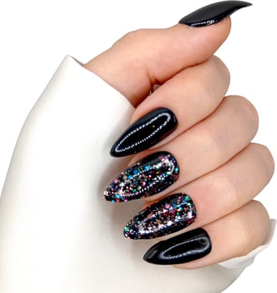 SD Press on Nails - B-73 - Plaknagels - Nagelset 20 Nagels - Zwart met glitters - Gellak - Nagellak - Medium Stiletto - Nageltips - Nepnagels met Lijm - Kunstnagels - Nail Art - Handmade - Valse nagels - Nagelvijl - Accessoires - Nepnagels
