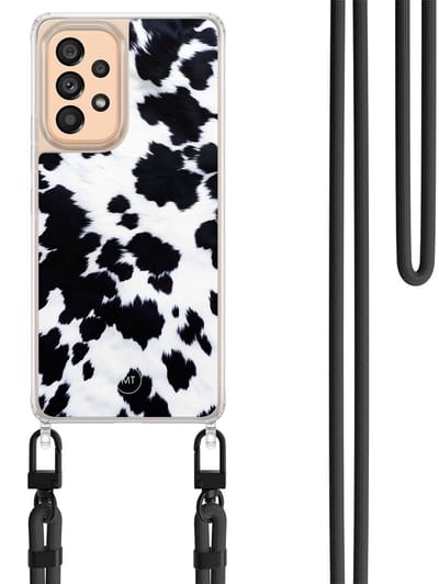 Hoesje met koord geschikt voor Samsung Galaxy A52 5G - Koeienprint - Inclusief Zwart koord - Crossbody beschermhoes - Transparant, Zwart, Wit - Mooie Telefoonhoesjes